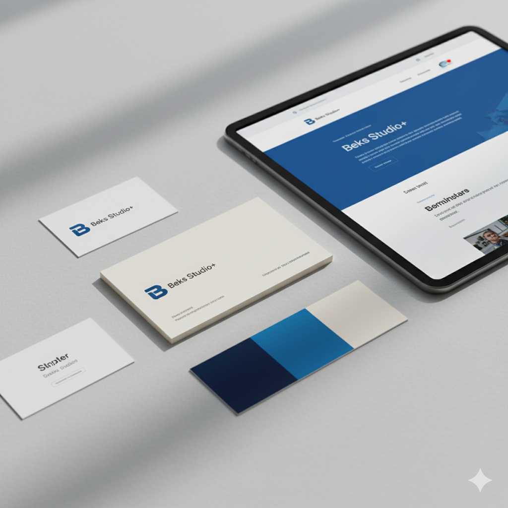 Bir markanın farklı unsurlarının (logo, web sitesi, kartvizit) tutarlı bir şekilde bir araya geldiği görsel.