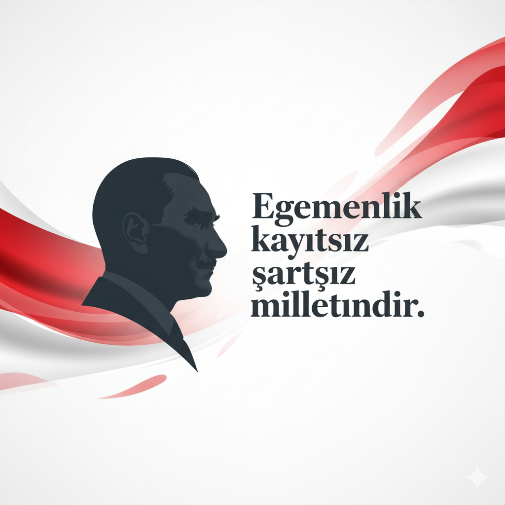 Atatürk'ün minimalist silüeti ve yanında modern tipografi ile yazılmış bir sözü