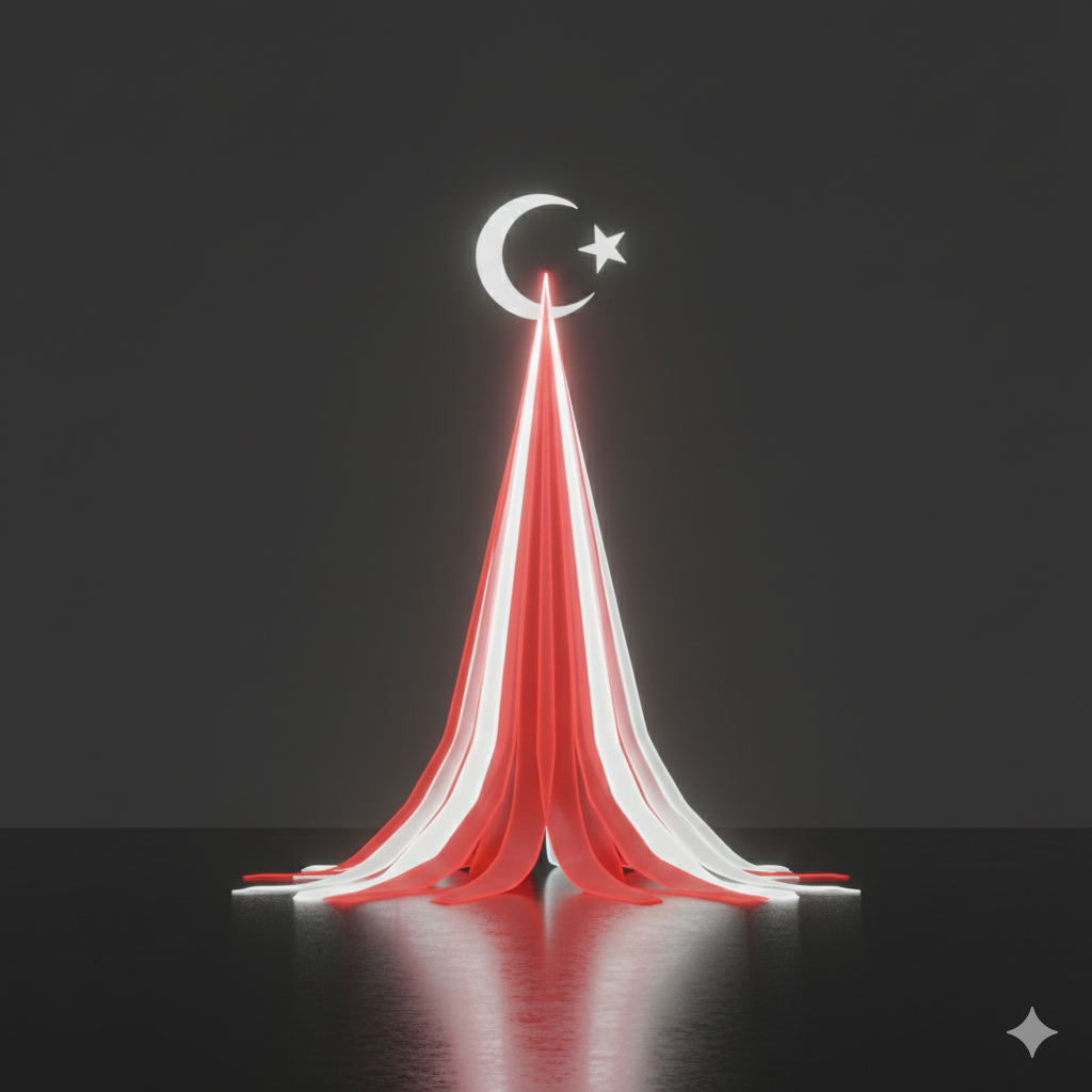 Koyu zeminden yükselen parlak kırmızı ve beyaz soyut ışık huzmeleri