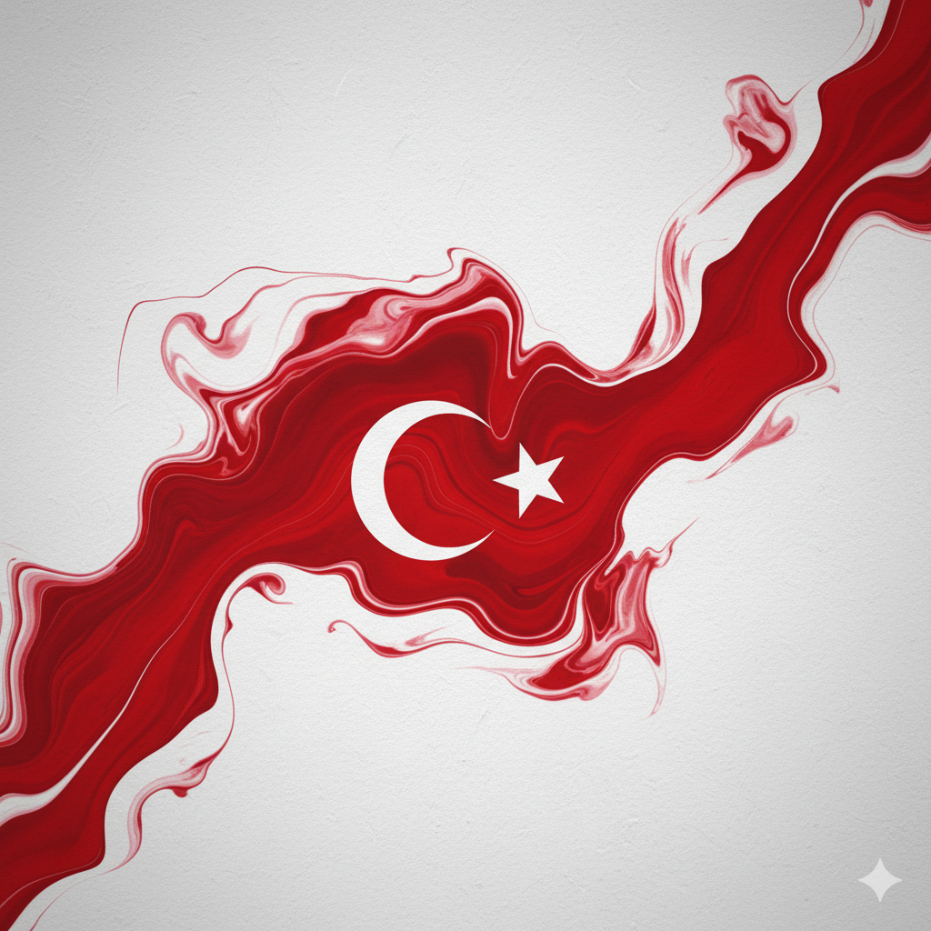 Beyaz zemin üzerinde dalgalanan soyut kırmızı şekiller ve stilize ay yıldız