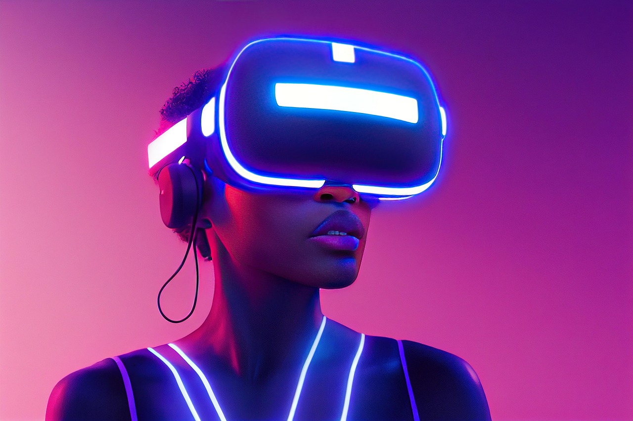 xr, mr, mixed reality, virtual reality, augmented reality, african american, female, woman, metaverse, lady, girl, black, america, pink, purple, blue, neon, lighting